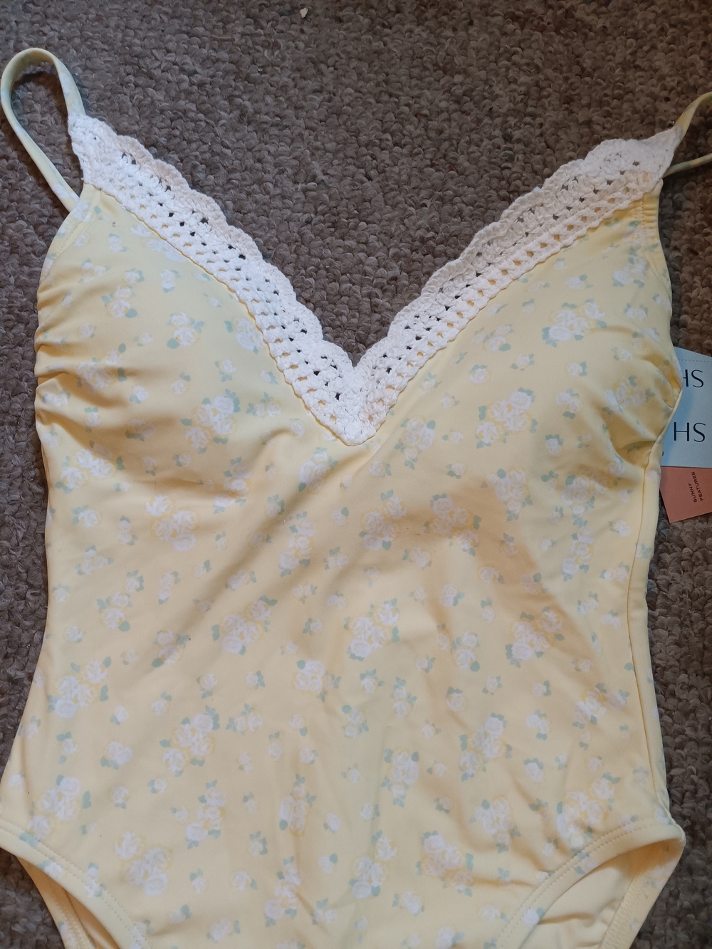Shade & Shore Pale Yellow Floral One-Piece with Crochet Trim
